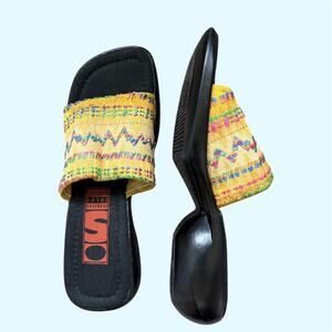 Colorful embroidered platform sandals with a boho vibe
